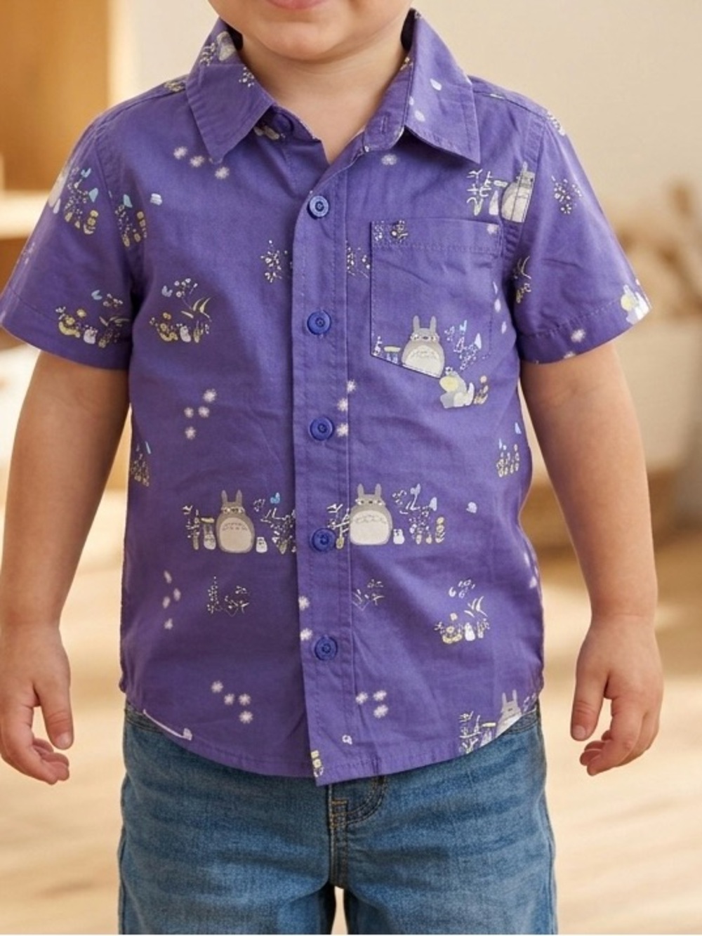 Her Universe Periwinkle Totoro Print Short Sleeve Button-Down Shirt